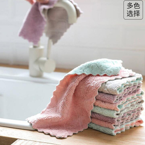 Double-sided thickened coral velvet household scouring pad, oil-free lazy rag, kitchen dish towel, composite water-absorbent cleaning