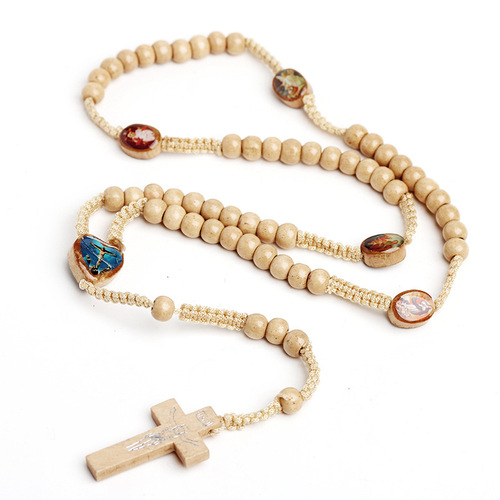 Natural wood hand-knitted wood beads cross necklace for women and men Jerusalem Catholic religious ornament cross jesus rosary praying necklace