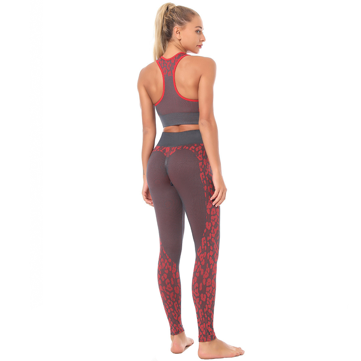 Sujetador de punto sin costuras con estampado de leopardo Traje de pantalones de yoga que absorbe la humedad NSNS11022