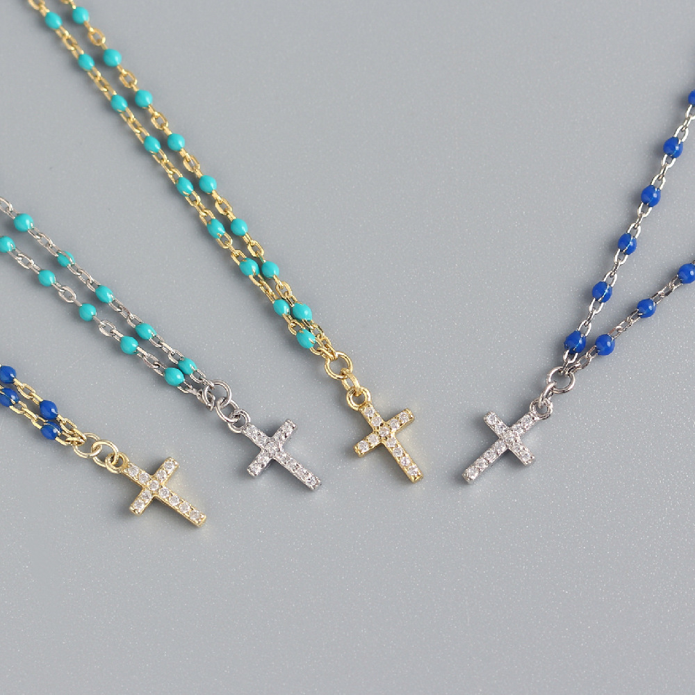7g Weight 0.03µm Gold Plating Thickness Electroplating Gold Plating Process Spring Ring Trigger Clasp Closure Clasp Closure Type 925 Sterling Silver Zircon Epoxy Inlay Cross Pendant Necklace