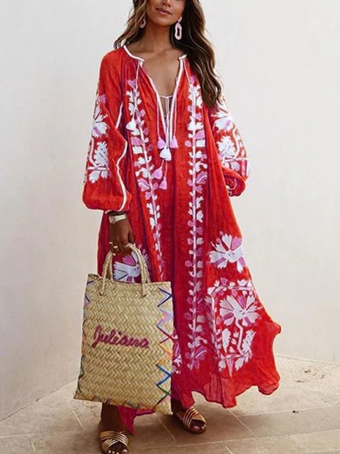 V-neck long-sleeved loose-fitting printed dress NSYD3786
