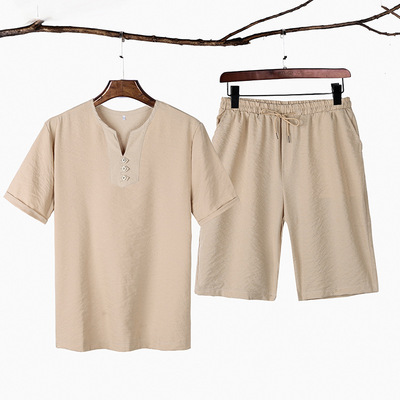 亚麻夏季男士休闲套装宽松大码T恤中国风休闲冰丝棉麻男装两件套|ms