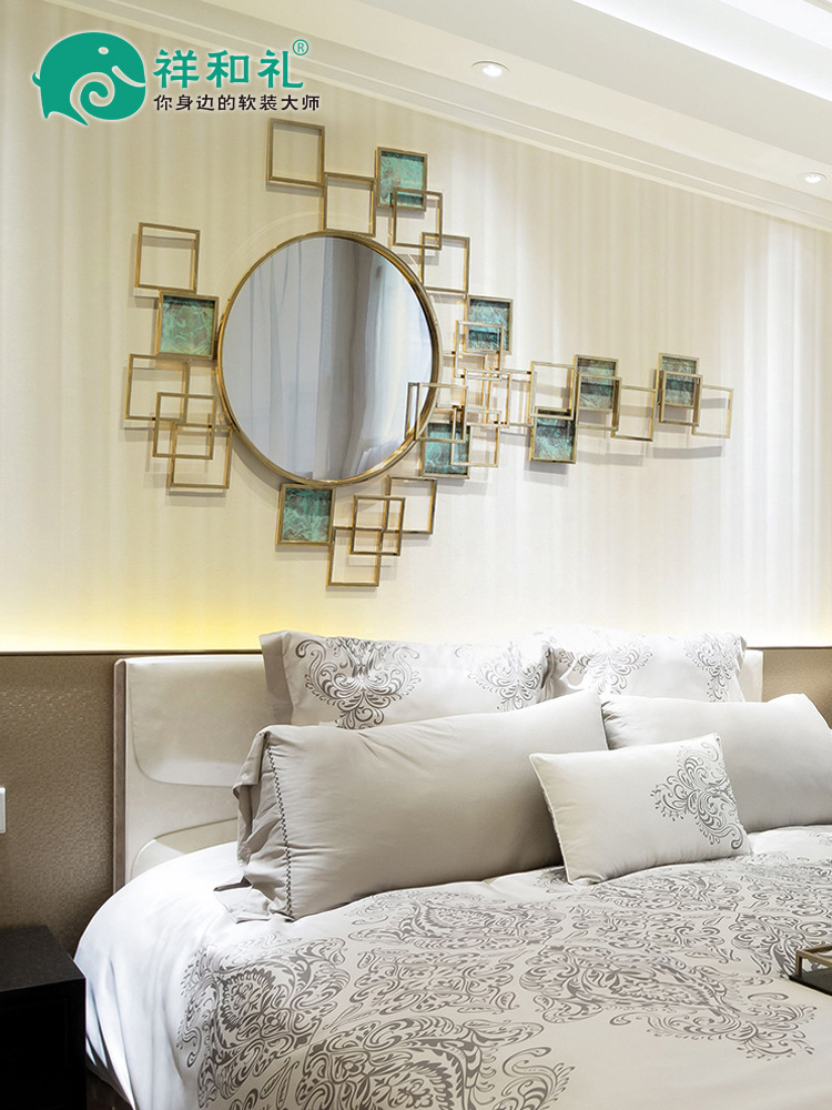 客厅沙发背景墙上铁艺壁挂圆镜金属壁饰墙饰酒店装修创意立体装饰