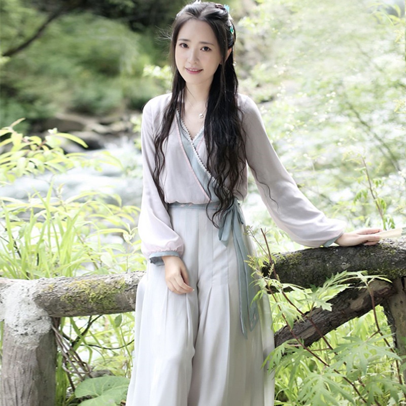 夏天棉夏季文艺小碎花小清新长款绣花灰色轻薄薄汉服