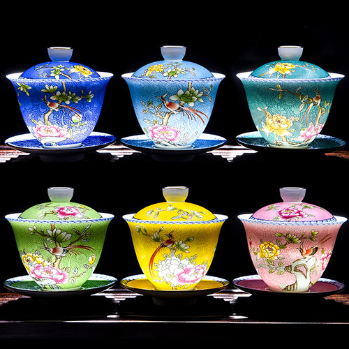 Enamel Three Talents Gaiwan Household Single Large Ceramic Three Talents Bowl Tea Tray Court Style Tea Set Hand-painted High-end