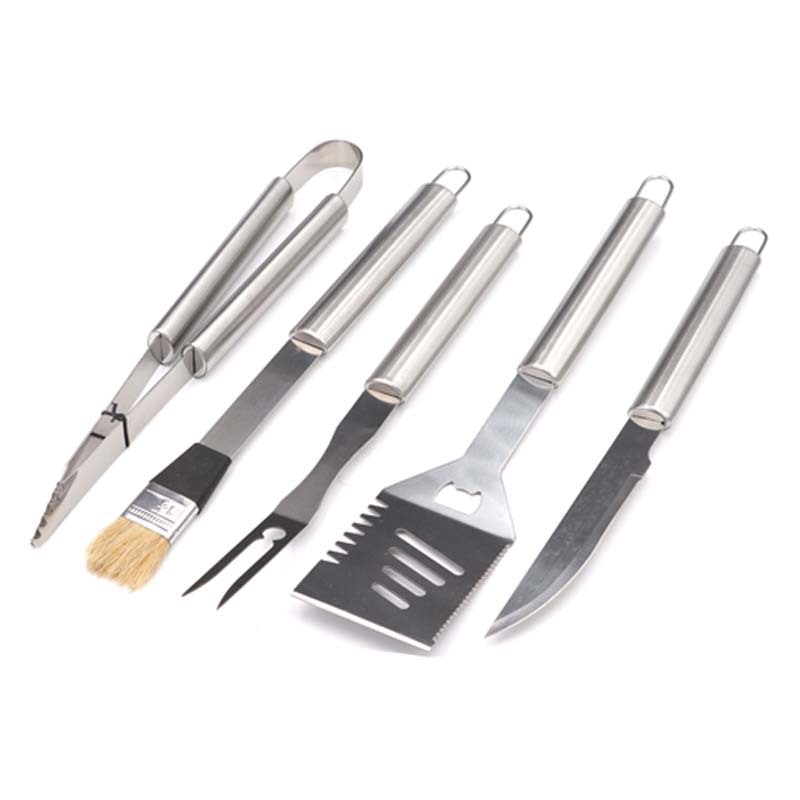 [Fuente de fábrica] en stock barbacoa herramientas de acero inoxidable caja de aluminio de 5 piezas utensilios de barbacoa al aire libre traje