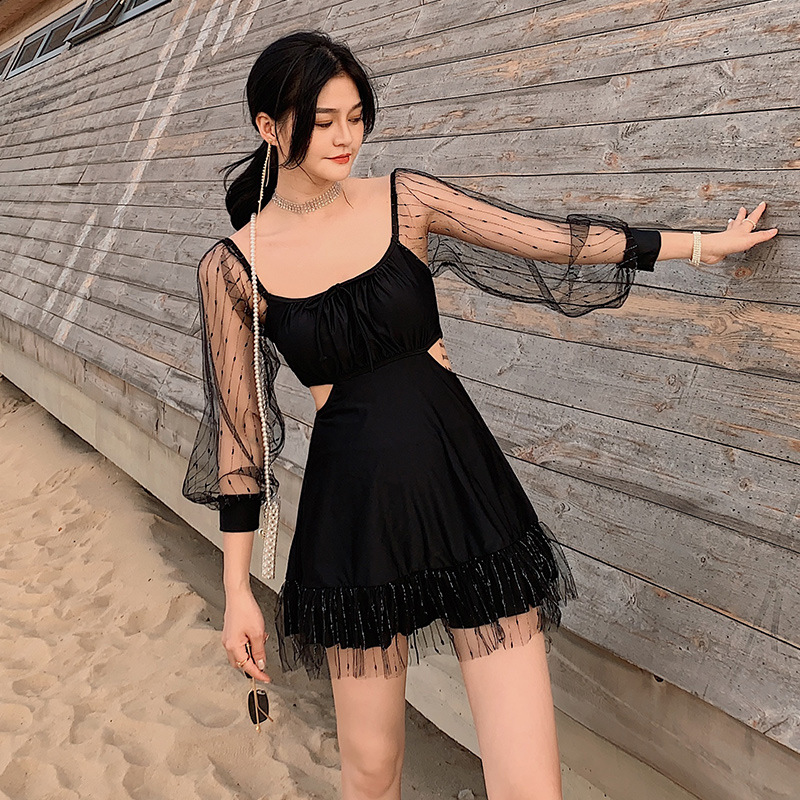 韩版连体长袖泳衣女2020平角保守遮肚显瘦露背纯色温泉小清新泳装|ms