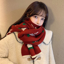 新款聖誕小鹿圍巾女冬季韓版百搭軟妹可愛針織麋鹿紅色毛線圍巾