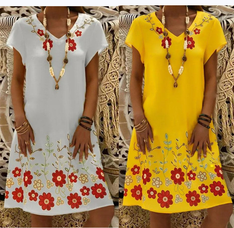 2020跨境货源亚马逊 独立站新款女装花卉V领短袖连衣裙