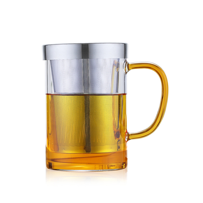 Vidrio de borosilicato fuga de acero taza de tres piezas separación de té taza de té Filtro de acero inoxidable de gran capacidad con fuga Taza con mango