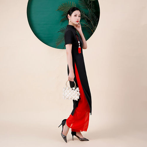 Black red chiffon Chinese Dresses Aodai cheongsam model show catwalk host singers wedding party costumes female Vietnamese wide-leg pants suit