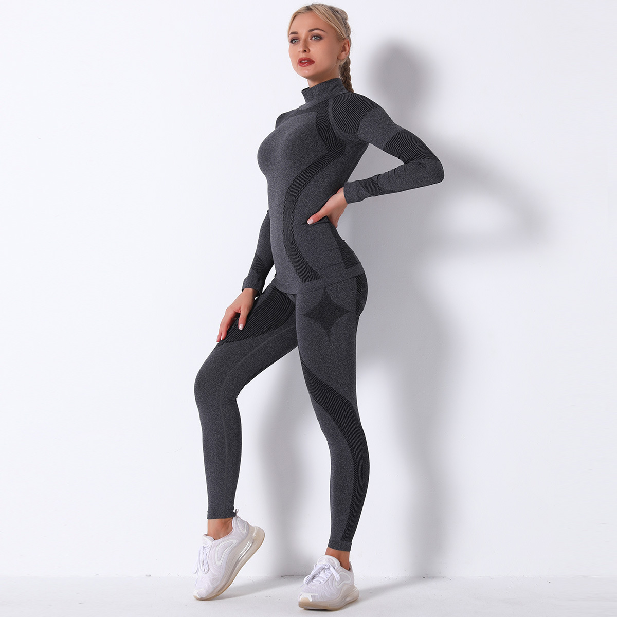 High Neck Striped Seamless Long Sleeve Fitness Suit NSNS11061