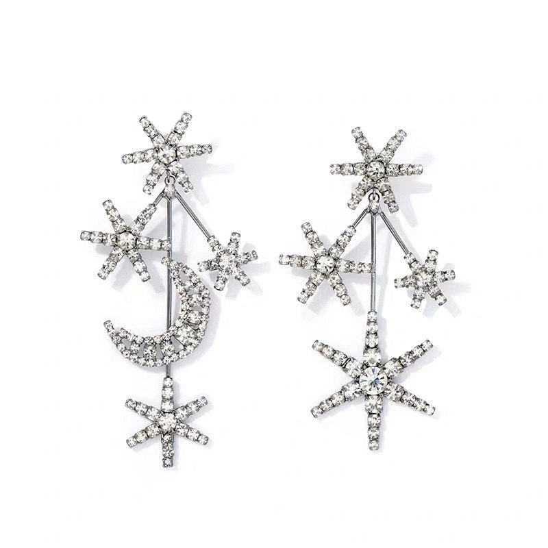 24g Weight Artificial Rhinestones Inlay Material Earrings Classification Alloy Material Star Pattern Women'S Gender Plating Design Fashion Style Silver Color Fashion Inlay Rhinestone Moon Star Shaped Alloy Earrings 8