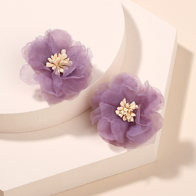 3g Weight Earrings Classification Housewarming, Anniversary, Business, Wedding, Travel, Birthday, Festival Occasion Chiffon Material Flower Pattern Women'S Gender Simple Style Style Purple, Green Color Korea Three-dimensional Mesh Chiffon Flower Retro Port Style Purple Earrings Wholesale 3