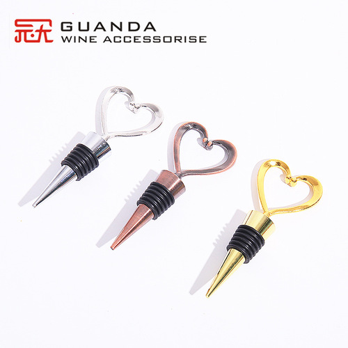 Factory Direct Supply Zinc Alloy Metal Conical Shape Wine Stopper with Love Creative Silicone Gold Wine Bottle Stopper Custom Logo