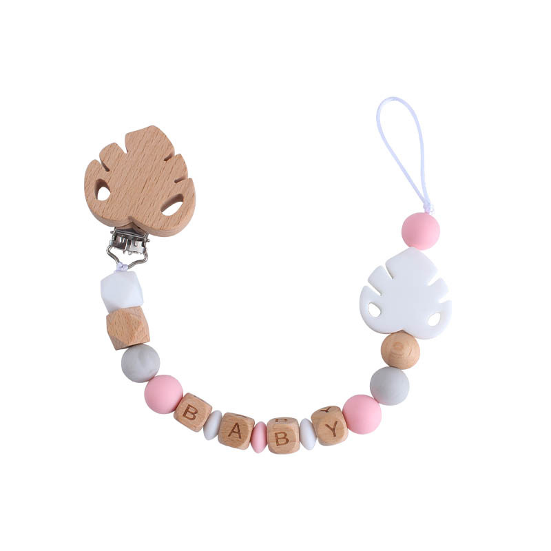 Nombre del bebé personalizable Cadena de chupete de hoja de silicona Bebé suministros de haya hoja chupete clip juguete mordedor