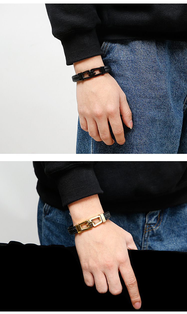 1 Piece Fashion Solid Color Cowhide Titanium Steel Inlaid Gold Menu0027S Bangle