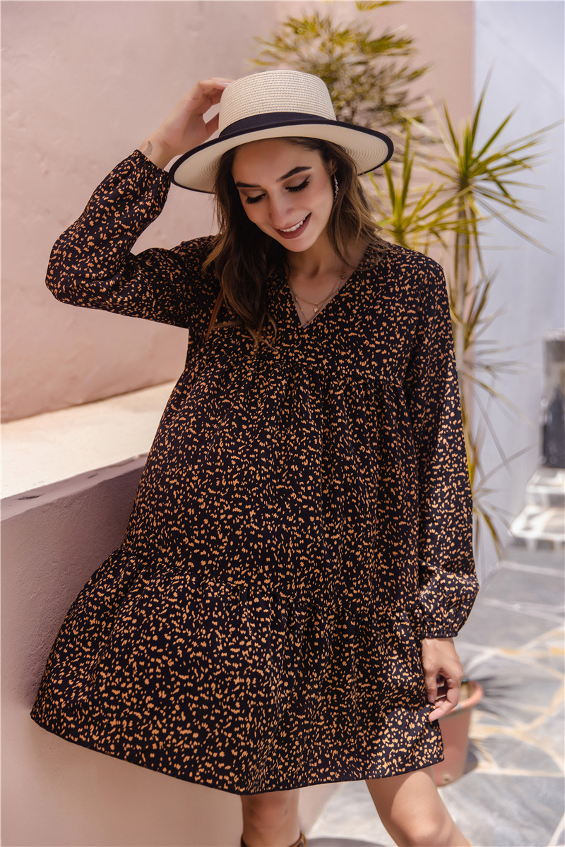 long-sleeved v neck loose polka dot dress NSHNF117272