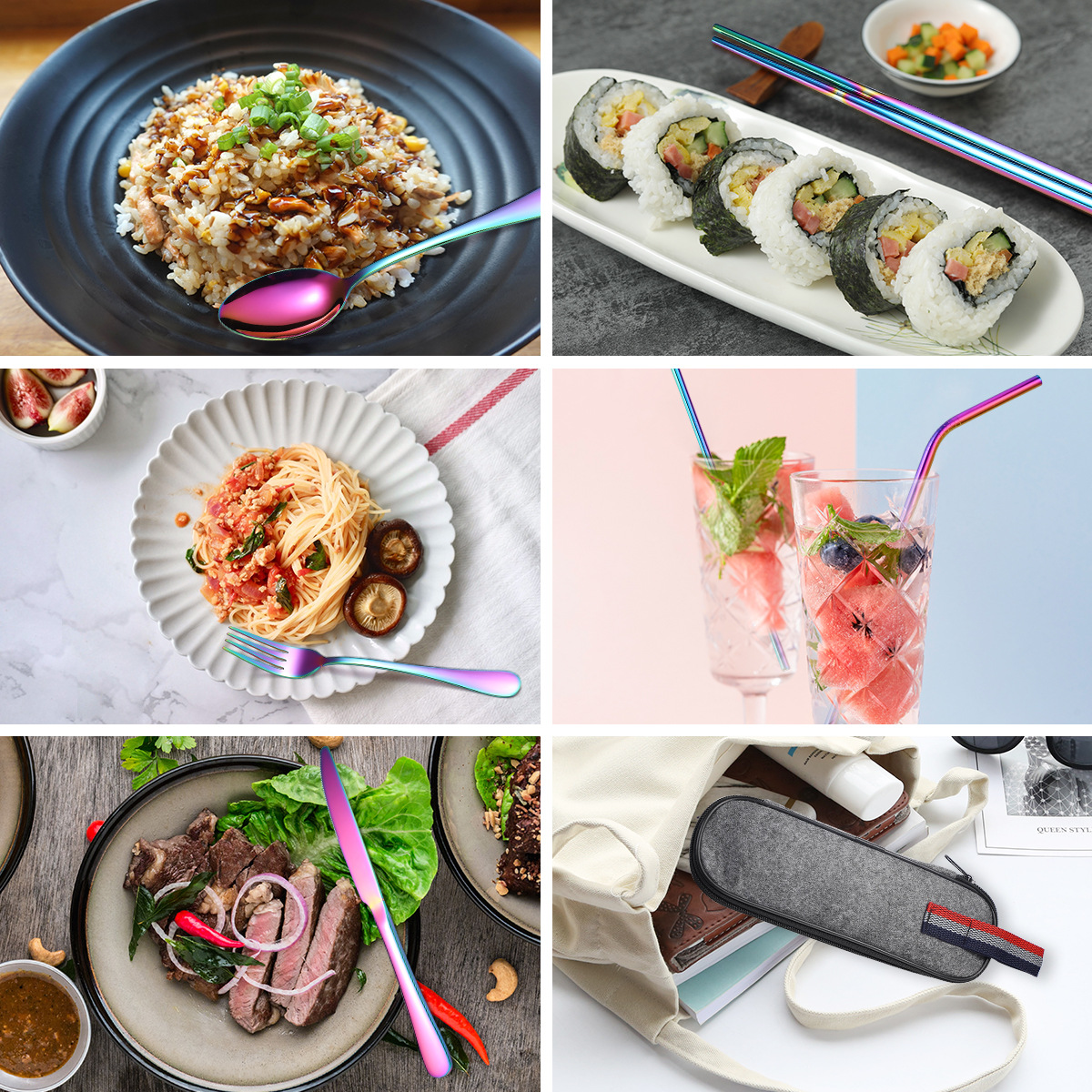 Traje de vajilla portátil de acero inoxidable de suministro transfronterizo 9-pieza cuchillo de camping al aire libre, tenedor, cuchara, palillos, paja de la venta caliente