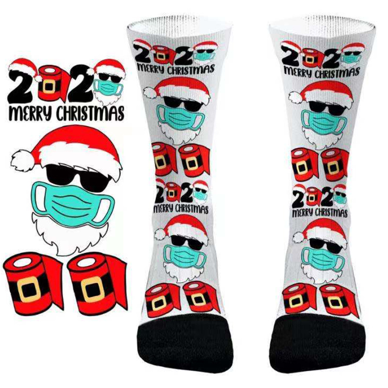 亚马逊欧美新品 2020圣诞卡通圣诞帽老人头中筒袜 男女袜子 跨境