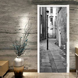 巨创跨境货源PVC贴纸3D自粘门贴 现代家居装饰墙贴 黑白街后车门