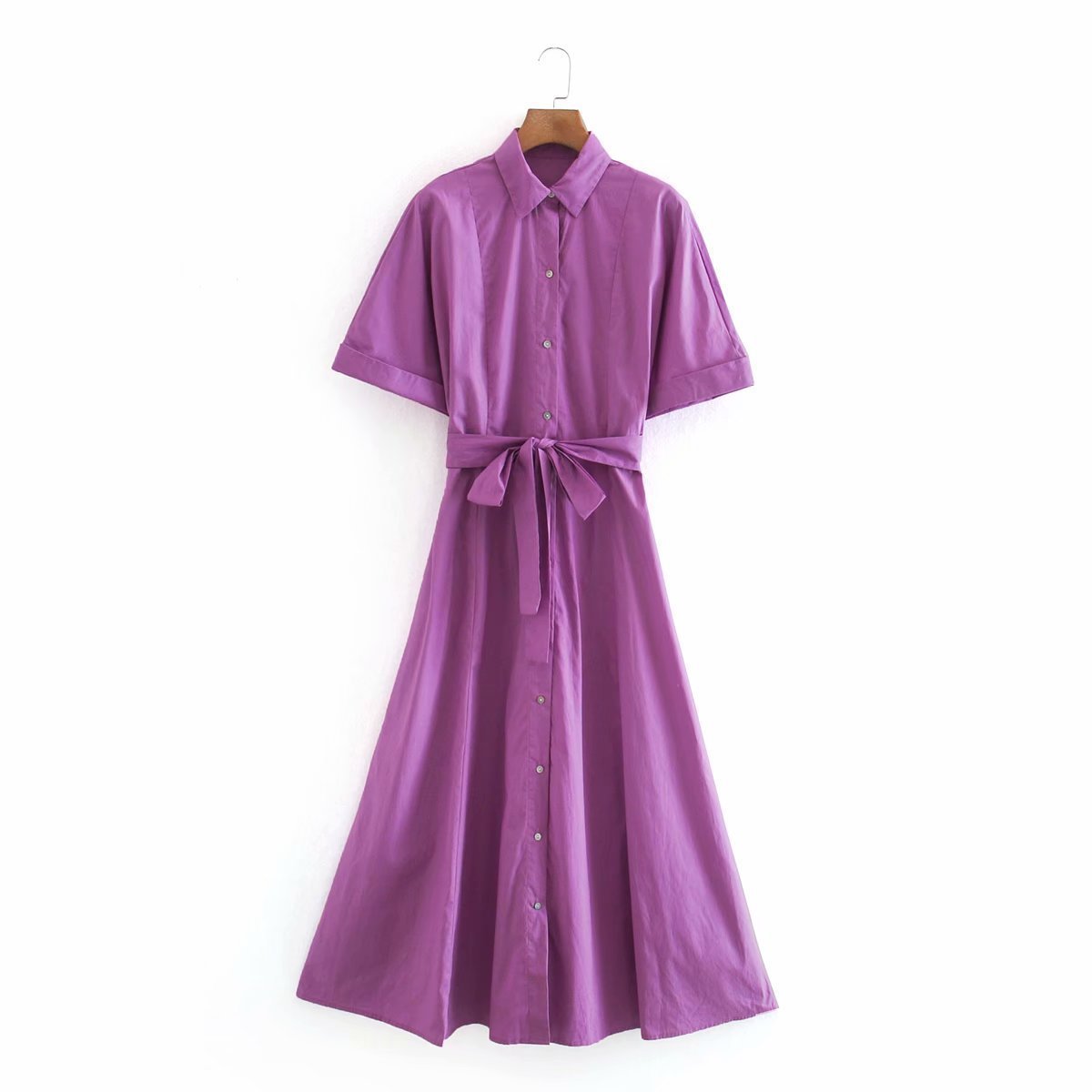 2020秋季速卖通女装短袖府绸衬衣式连衣裙