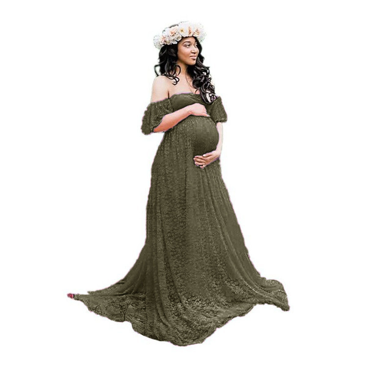 European and American women's lace pregnant women's tail short sleeve long dress photography flying sleeve dress 8919 (special offer)