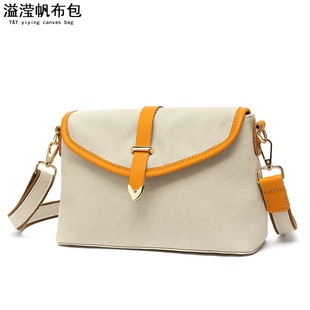 Casual women's handbag waterproof canvas diagonal bag with first layer leather solid color shoulder bag overflow manufacturers supply