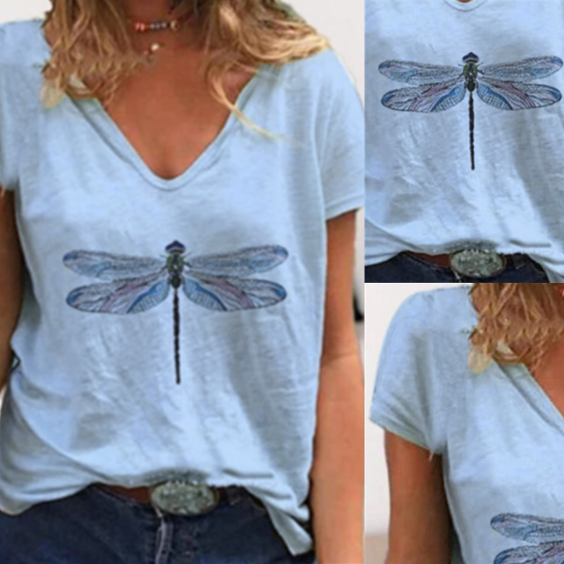 Cross border 2020 summer new Amazon fast selling popular European and American Dragonfly printed short sleeve V-neck T-shirt for women