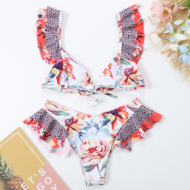 ruffled sexy print triangle bikini  NSHL31370