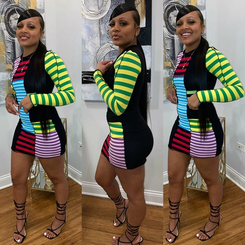 G8111 Европейская и американская Женская мода Повседневная осень и зима Новое платье в полоску с длинным рукавом, подходящее по цвету