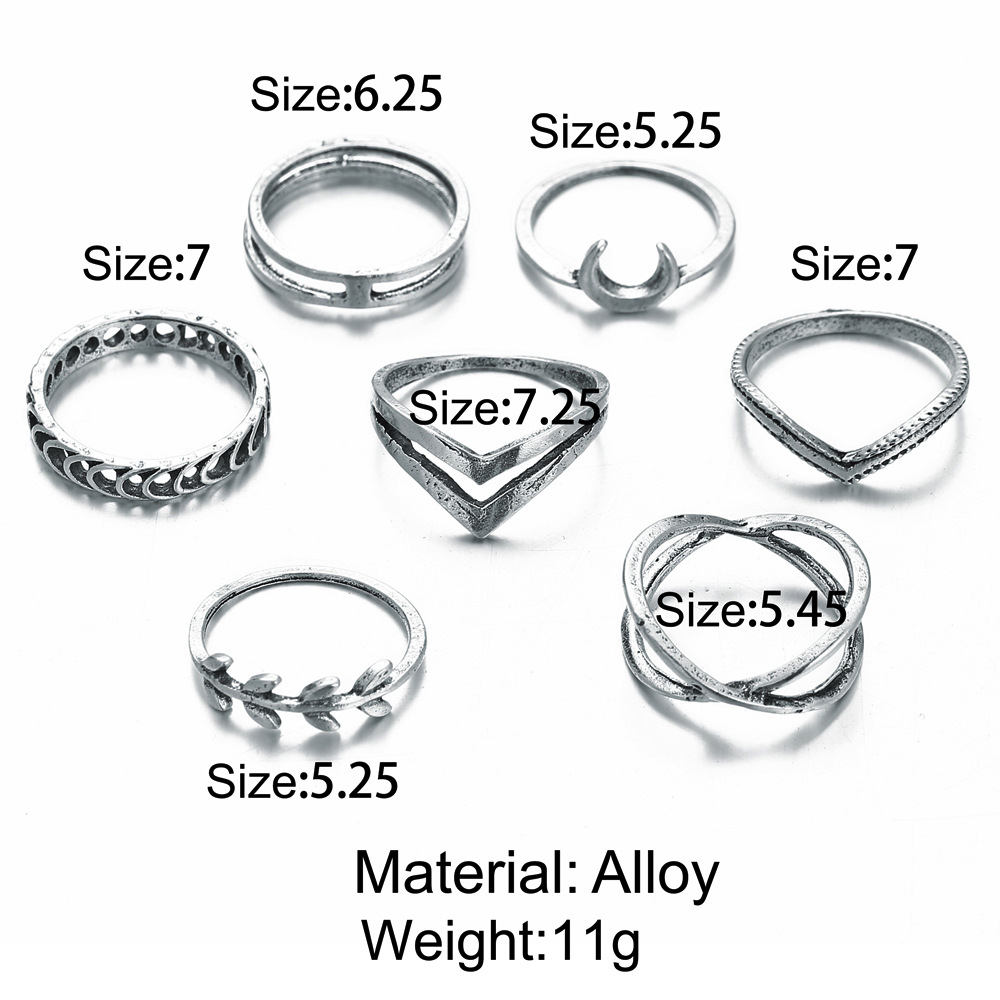 European And American Moon Leaf Cross Ring 7-piece Retro Simple Jointed Ring Set display picture 1