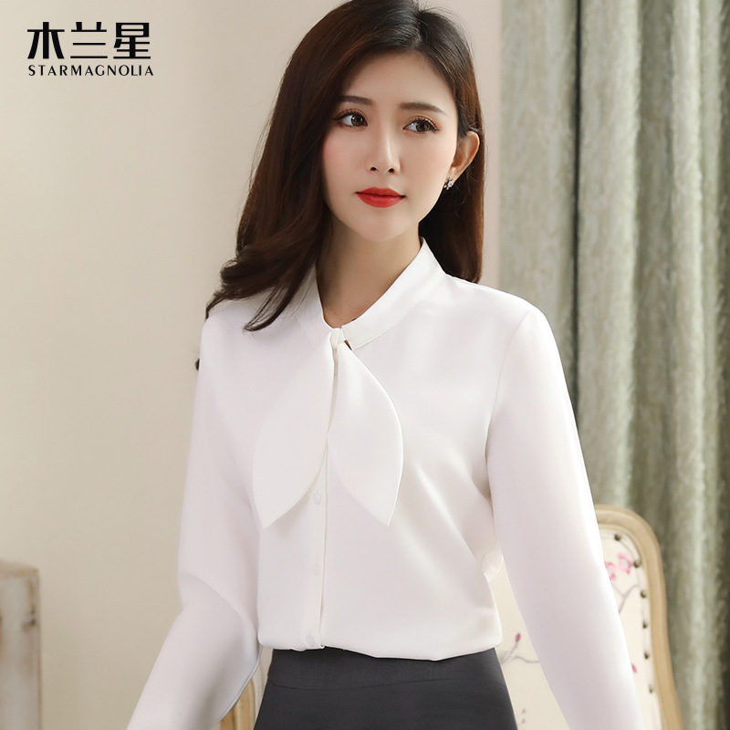Spring New Chiffon Shirt Women's Design Sense Niche Bow Long Sleeve Loose White Dark Blue Shirt Business Wear