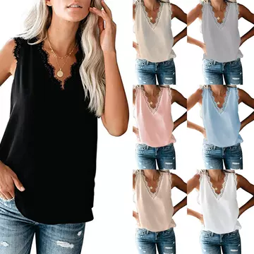 Amazon popular 2020 summer new leisure solid lace V-neck sleeveless women's top T large chiffon vest - ShopShipShake