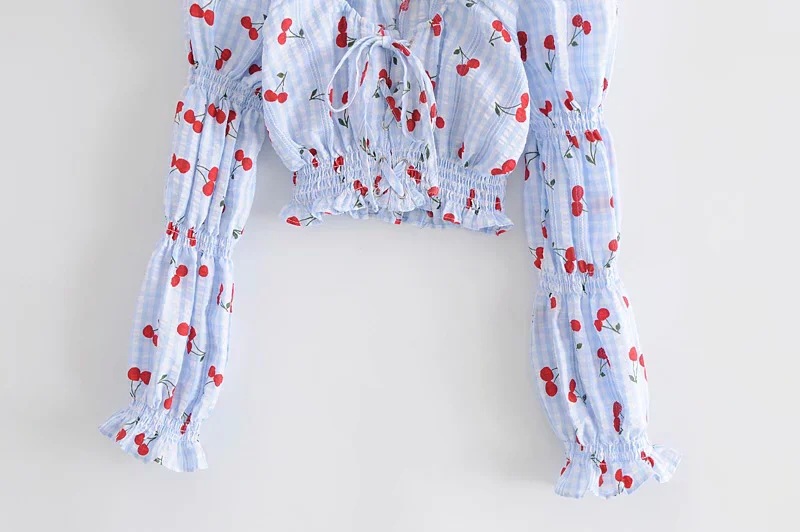 camisa de manga abullonada fresca con estampado de cerezas dulces NSAC15025