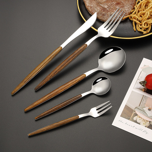 Cross-border Portuguese stainless steel steak knife, fork and spoon tableware set Western steak imitation wood grain handle hotel spoon