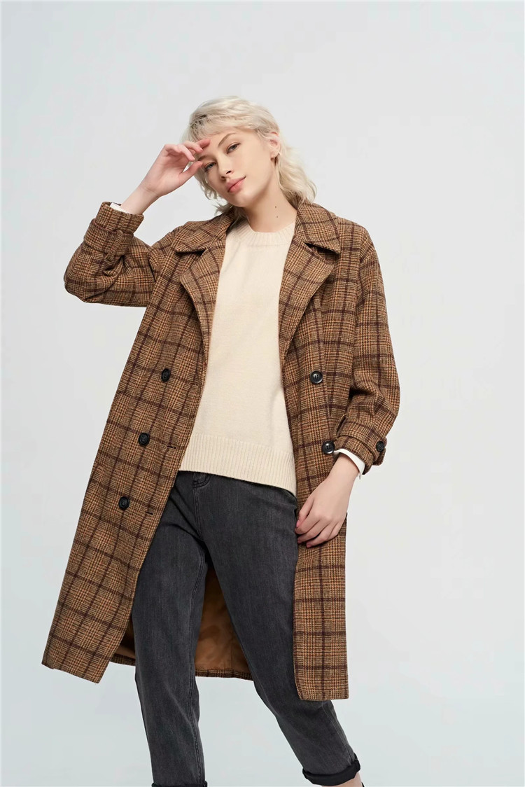 fashionable plaid double-breasted long woolen coat  NSLD11532