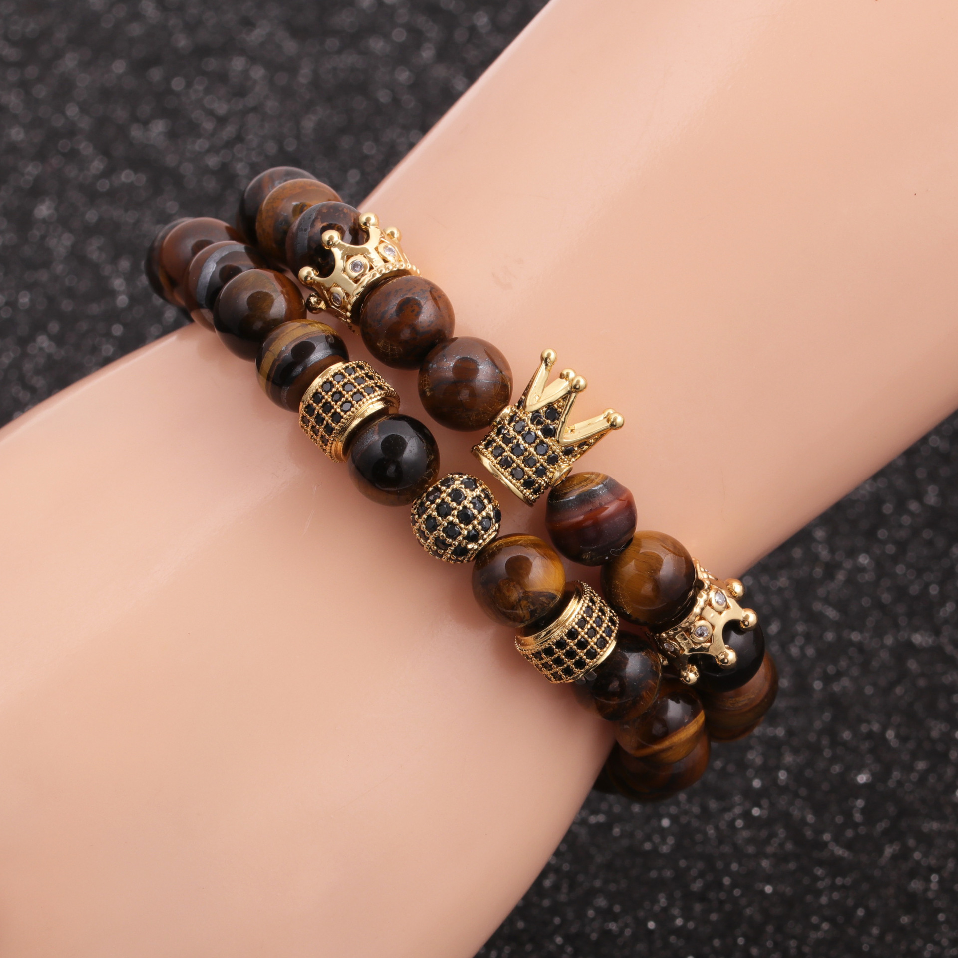 Hot-Selling New Jewelry Tigeru0027s Eye Crown Diamond Ball Wheel Bangle Bracelet Set