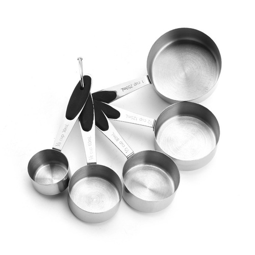 Set of 10 stainless steel measuring cups and spoons, including black silicone measuring cups, baking tools