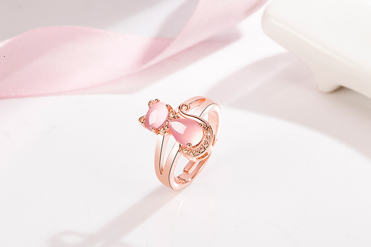 Korean pink crystal cat ring female diamond hibiscus stone cat open fashion ringpicture1