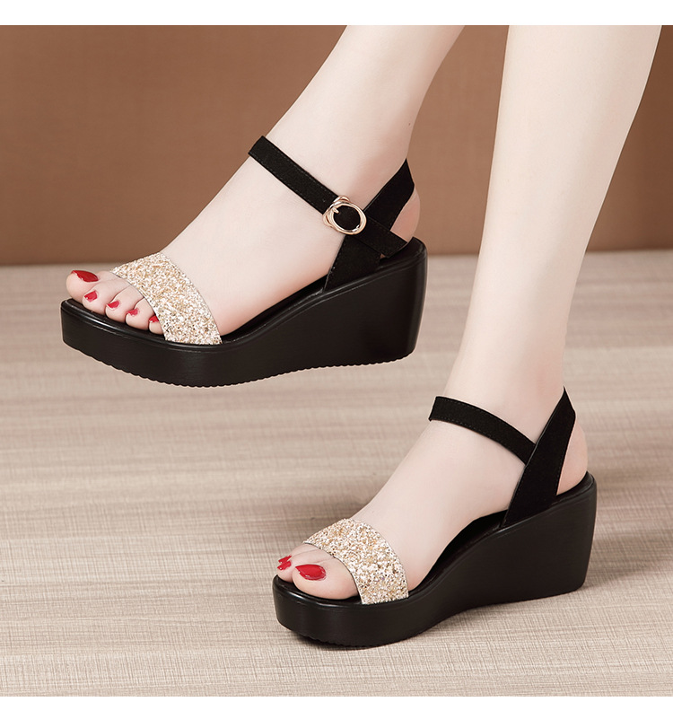 Sandal nữ đế xuồng cao gót 6cm quai ngang đính sequin mùa hè 2025 — Màu đen 6cm, Vàng 6cm, Bạc 6cm chi tiết 15