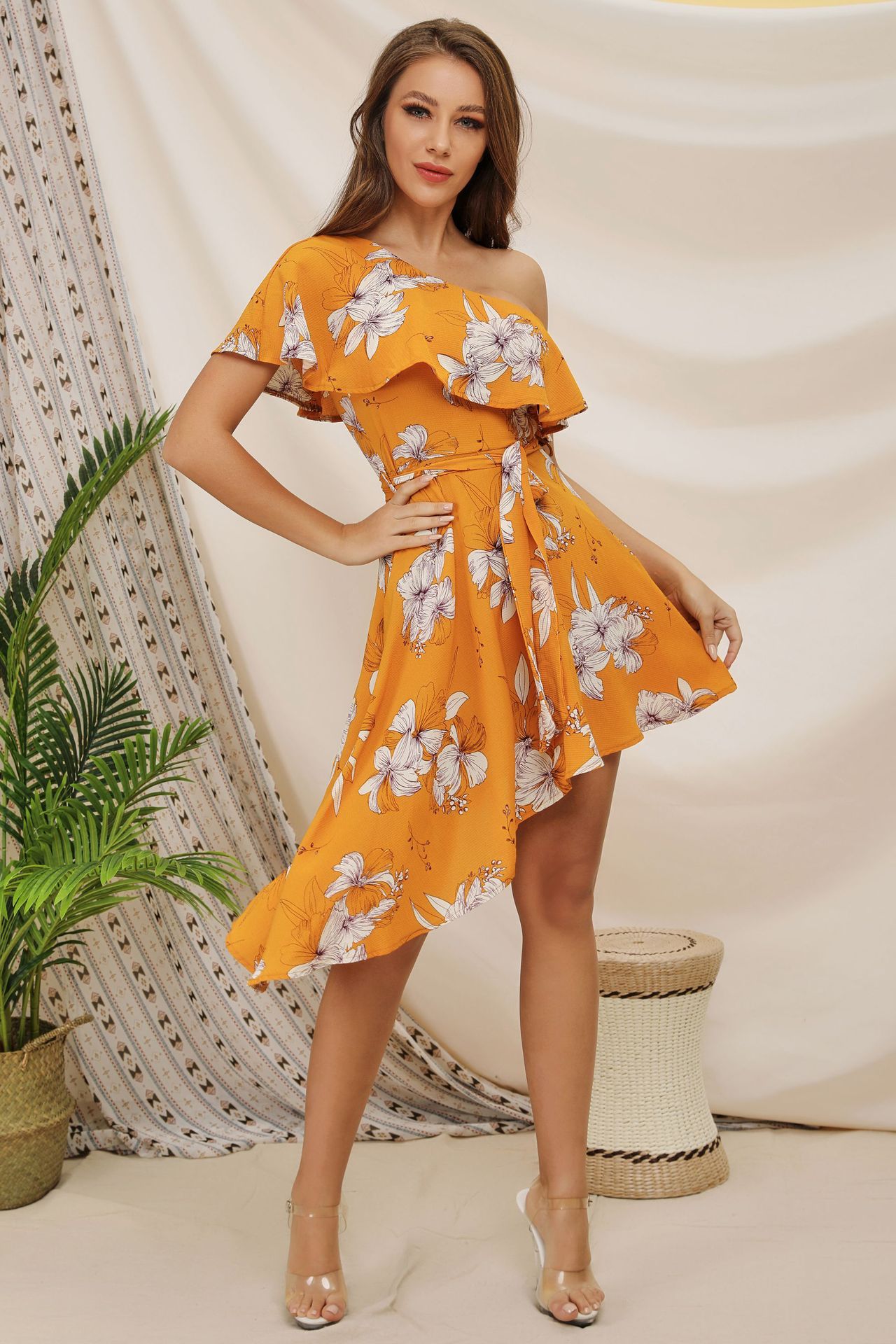 oblique shoulder printing irregular ruffle dress NSCX9560