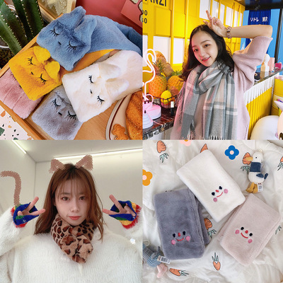 韩风ins自制云朵笑脸毛绒围巾秋冬可爱少女心百搭学生保暖围脖女|ru