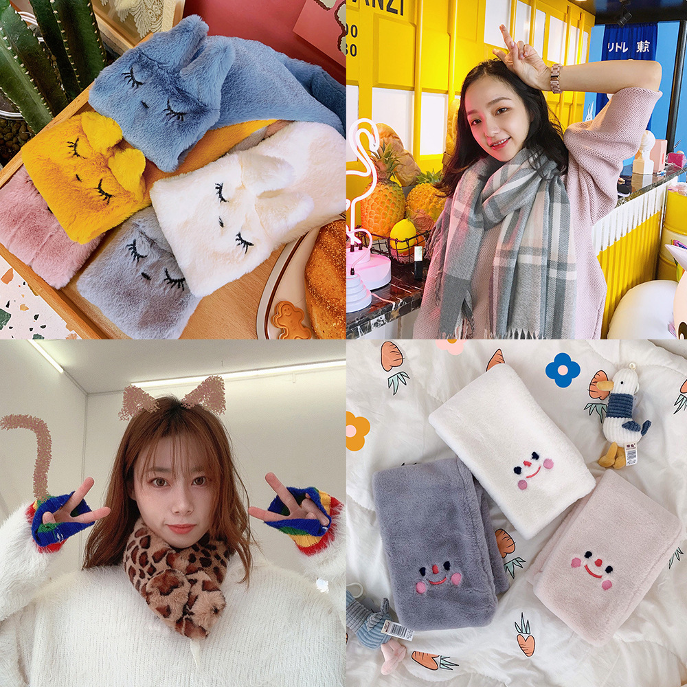 韩风ins自制云朵笑脸毛绒围巾秋冬可爱少女心百搭学生保暖围脖女|ru