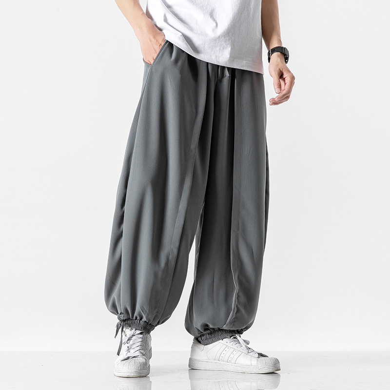 Spring and Summer thin bloomers men's ankle-tied solid color loose tight wide-leg pants elastic waist monk pants fat plus size plus size
