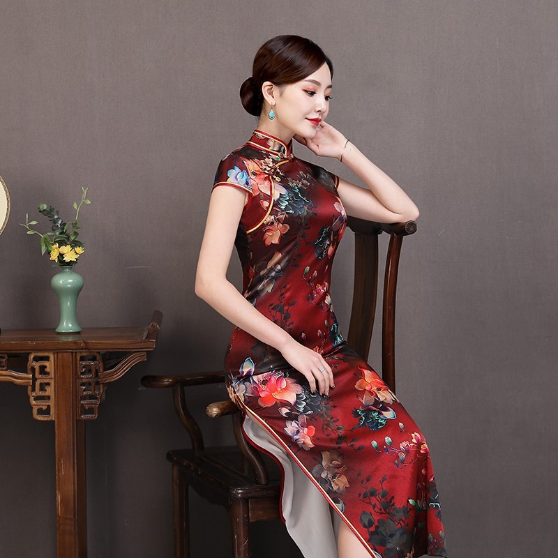 Women Chinese Dresses red floral silk cheongsam Dress women's red long cheongsam retro performance dress