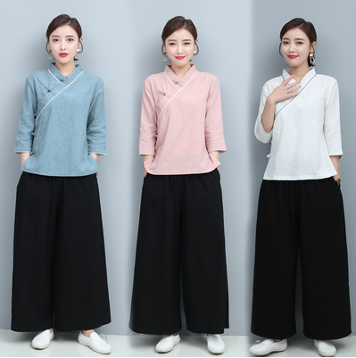 Chinese style Hanfu cotton and linen Yoga clothes taichi Two-piece Zen tea suit Zen layman's clothing suit women