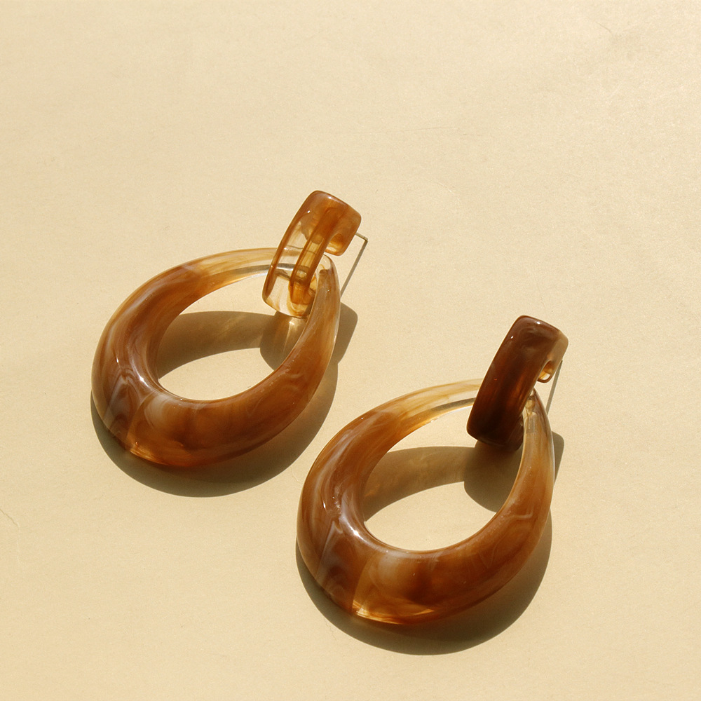 Drop Earrings Classification 1 Pair Quantity Brown Coffee Resin Earrings Chinese Ink Painting Pattern Large Acrylic Studs Women's Fashion Jewelry Magazine Photoshoot