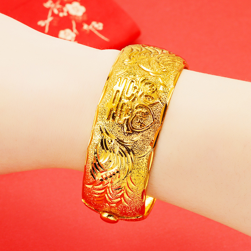 Elegante Boda nupcial imitación oro dragón y Fénix pulsera mujer cobre chapado 24K oro ventana oro boda pulsera festiva joyería