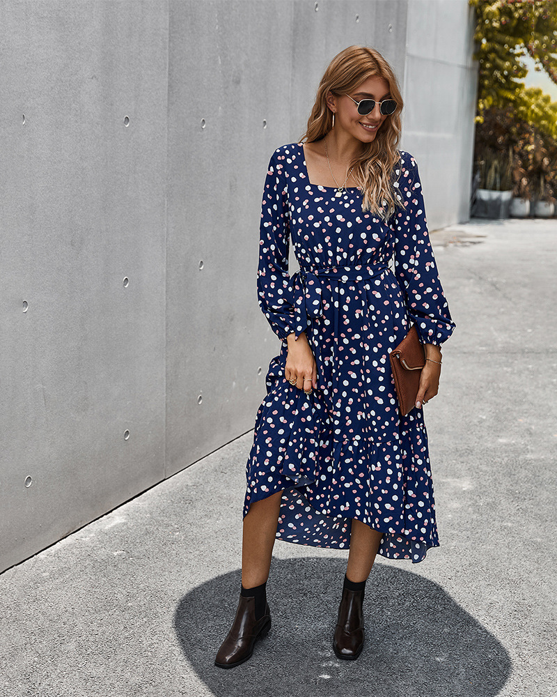 2020 otoño e invierno nuevos productos estampado clásico elegante vestido de cuello cuadrado mujer NSKA212